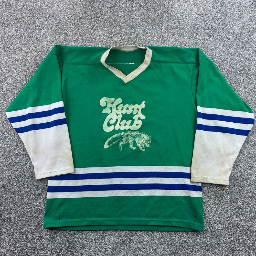 Vintage 70s Hunt Club Hockey Jersey Mens XL Green Fox Graphic Long Sleeve